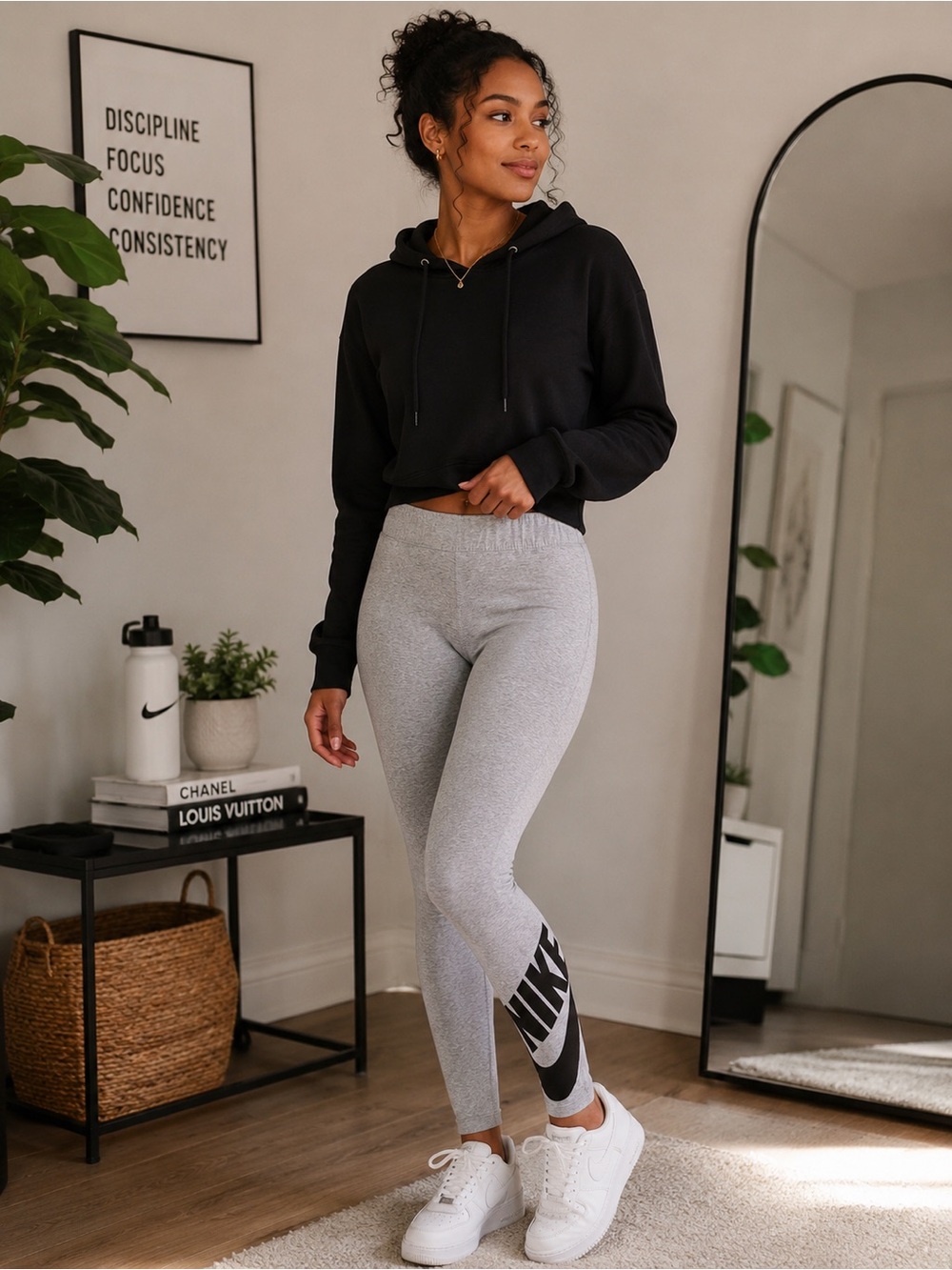 Nike Women’s Gray Logo Leggings | Black Swoosh Graphic Athletic Pants